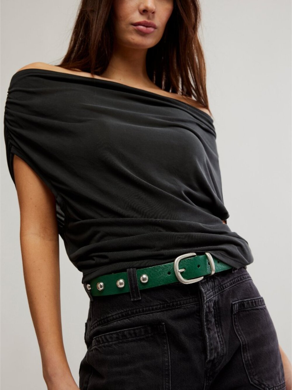 Free People Green Leather Studded Belt with Silver Buckle